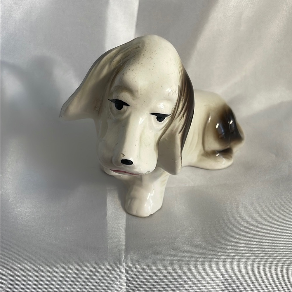 Vintage Hand Painted Cream and Brown Ceramic Hound Figurine Japan